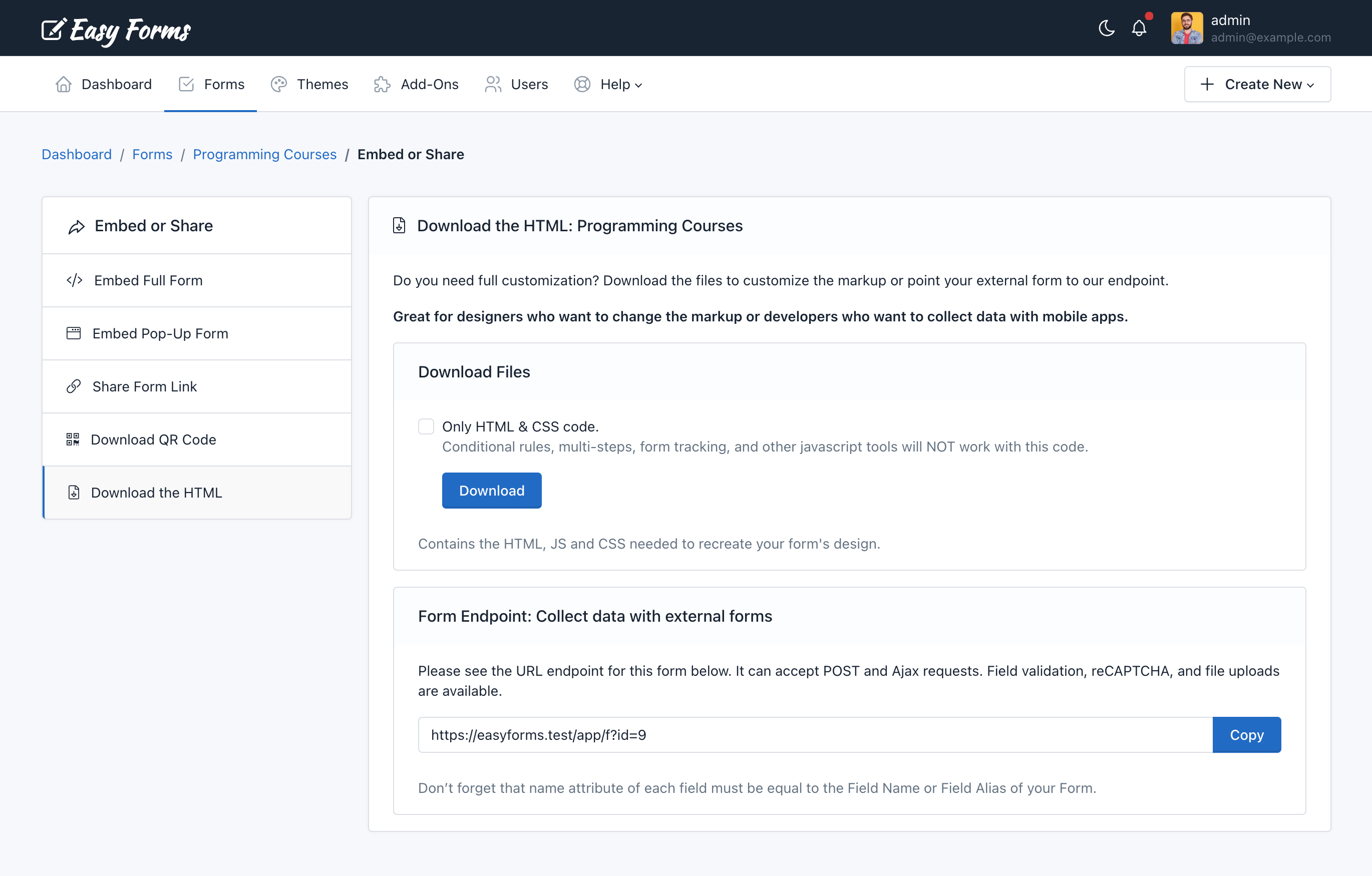 Easy Forms - Download Html Code - Form Endpoint