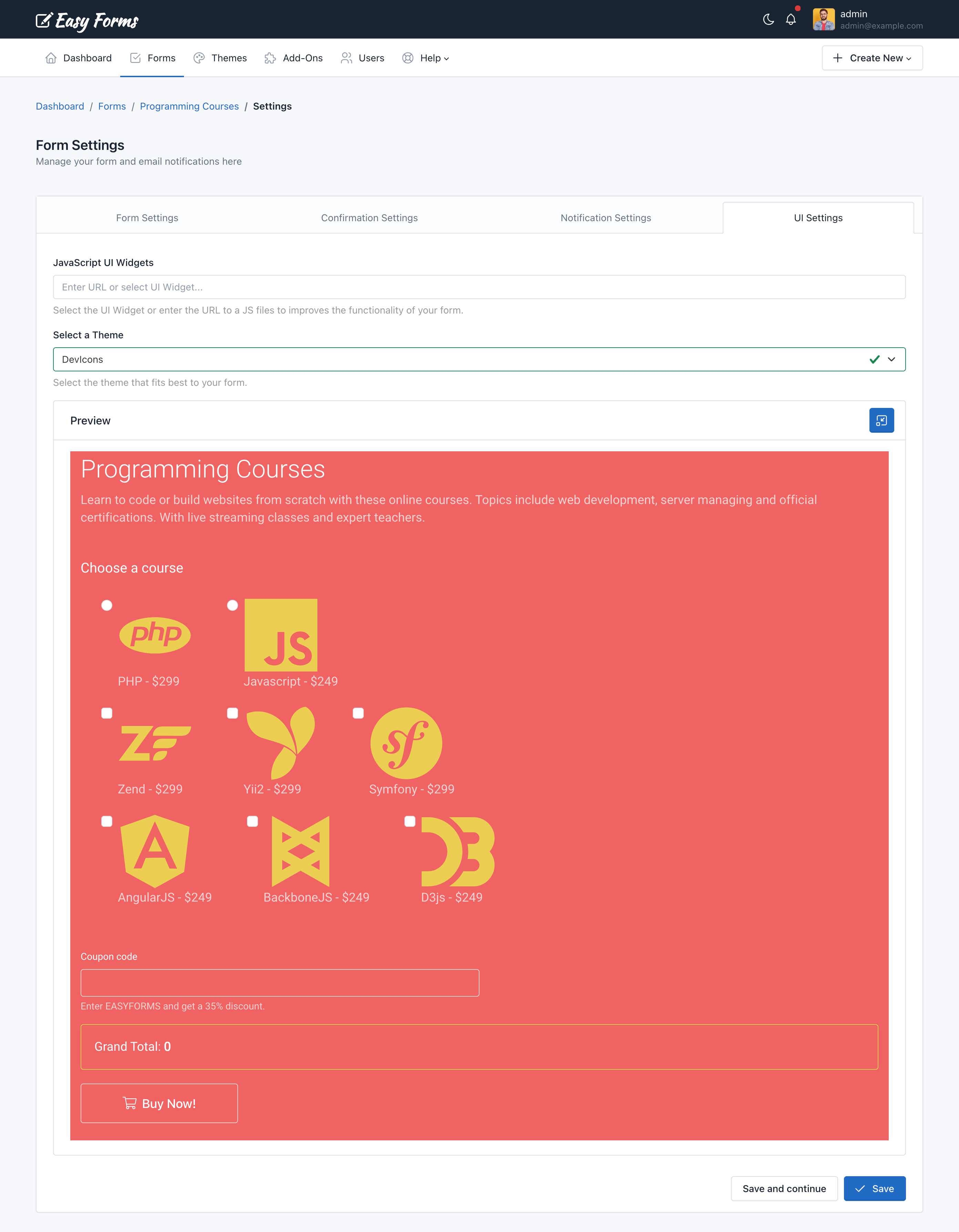 Easy Forms - Apply a theme to the form