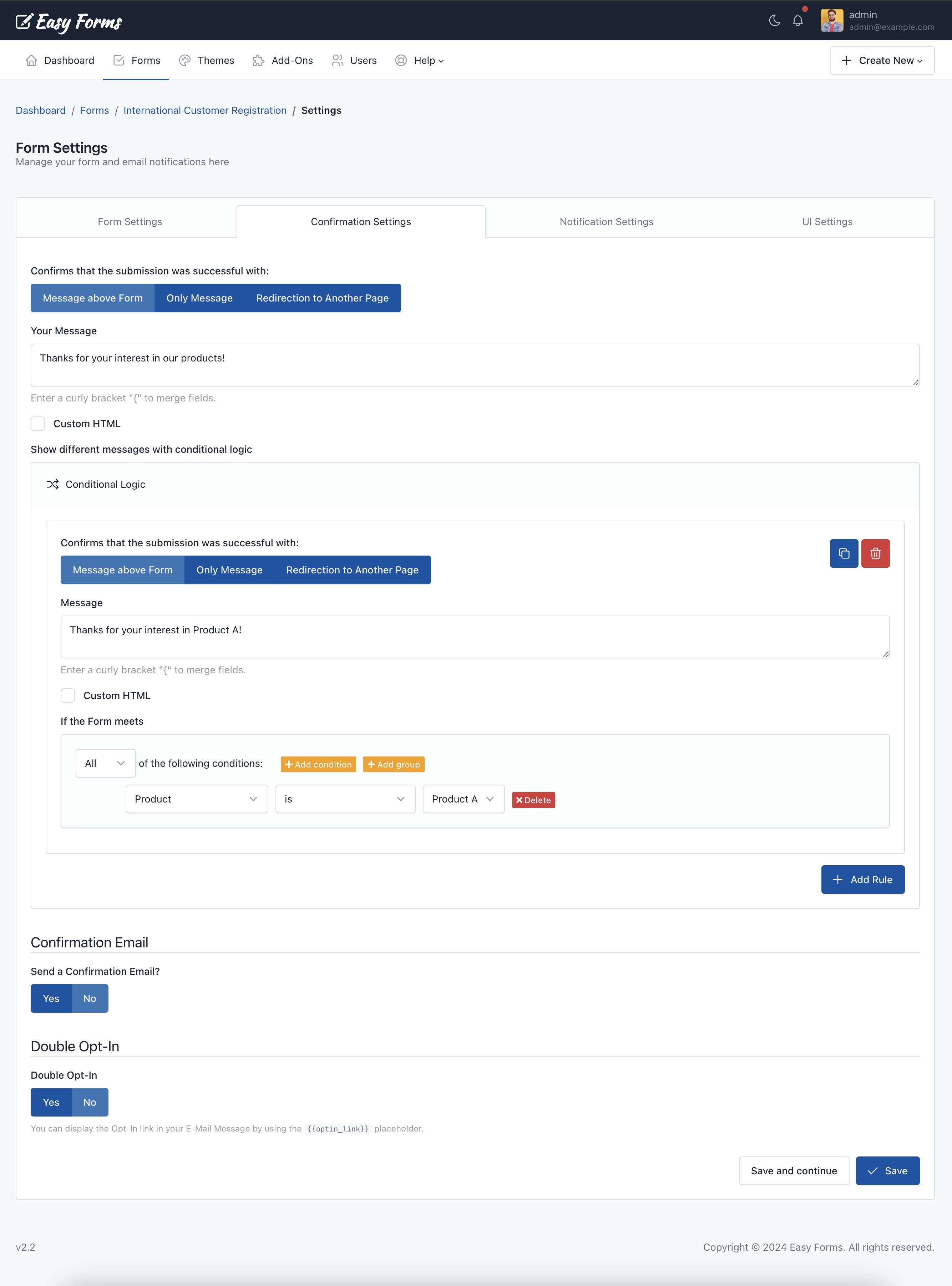 Easy Forms - Confirmation Settings