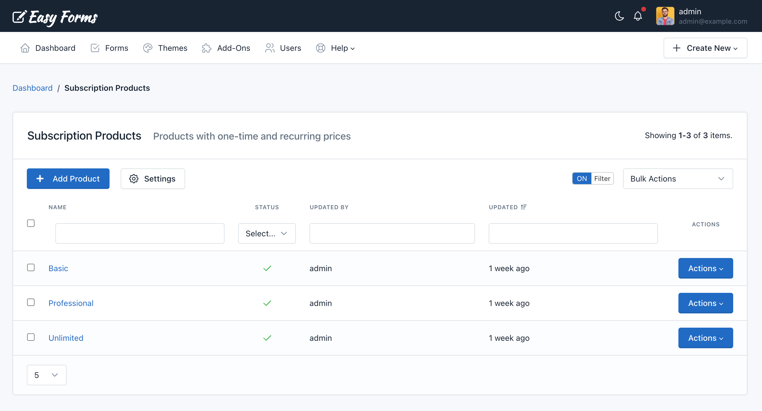 Easy Forms - Settings - Subscriptions Products